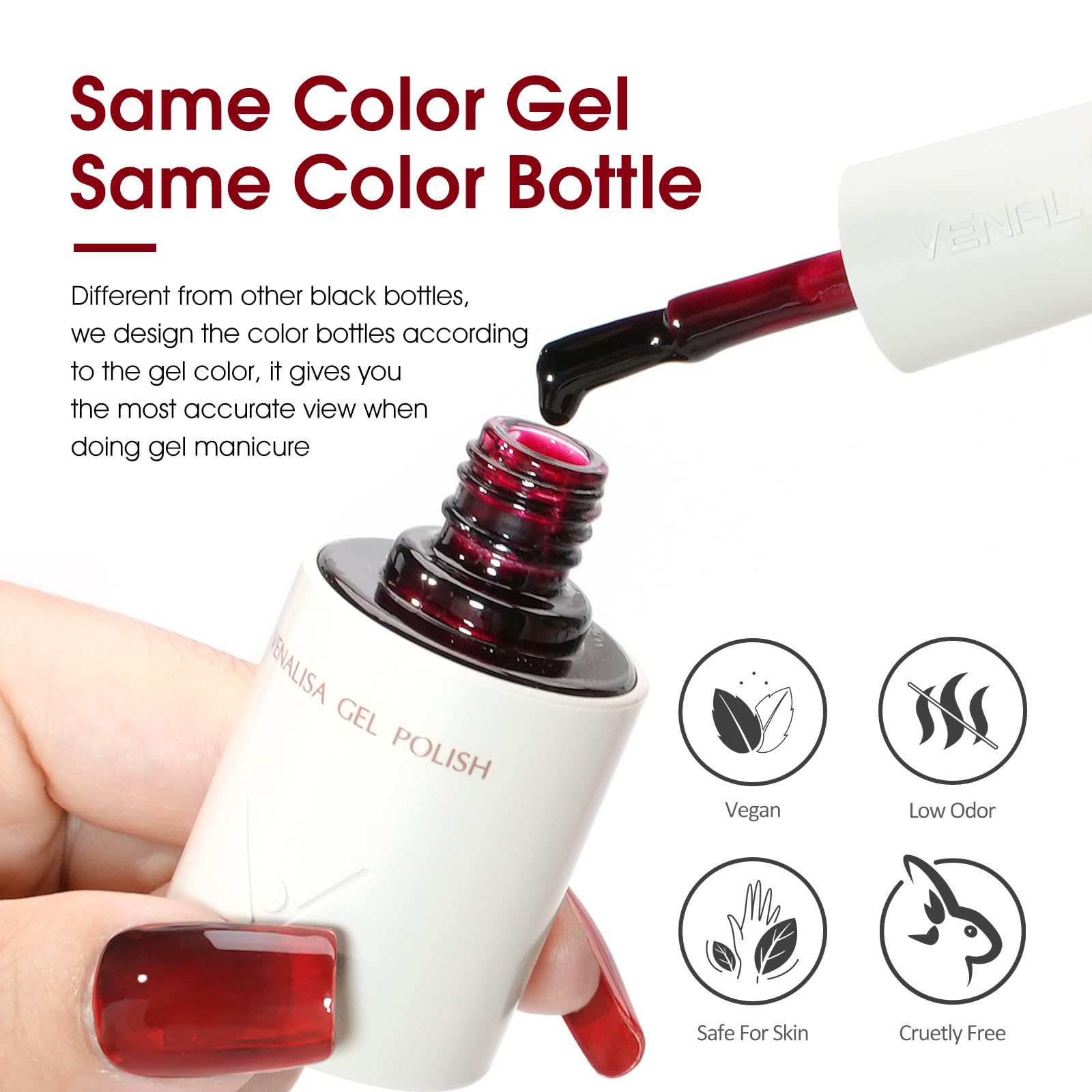 VENALISA Jelly Red nails finish closeup shows rich sheer burgundy with high-gloss appeal
