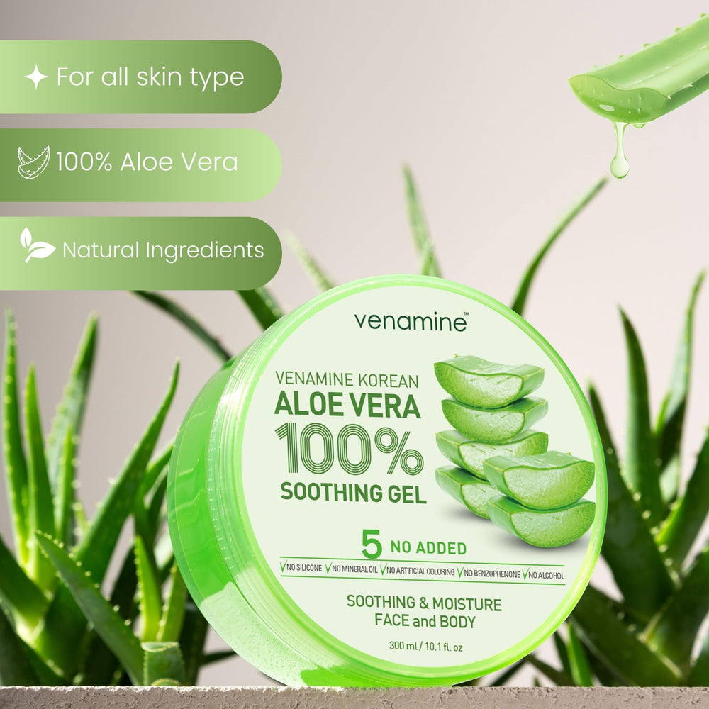 Venamine Aloe Vera Gel, aplicación en el rostro para una piel fresca y suave.
