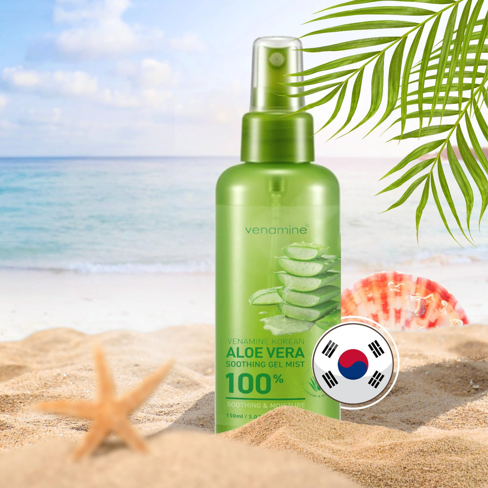 VENAMINE Aloe Vera Gel Mist bottle on bathroom shelf