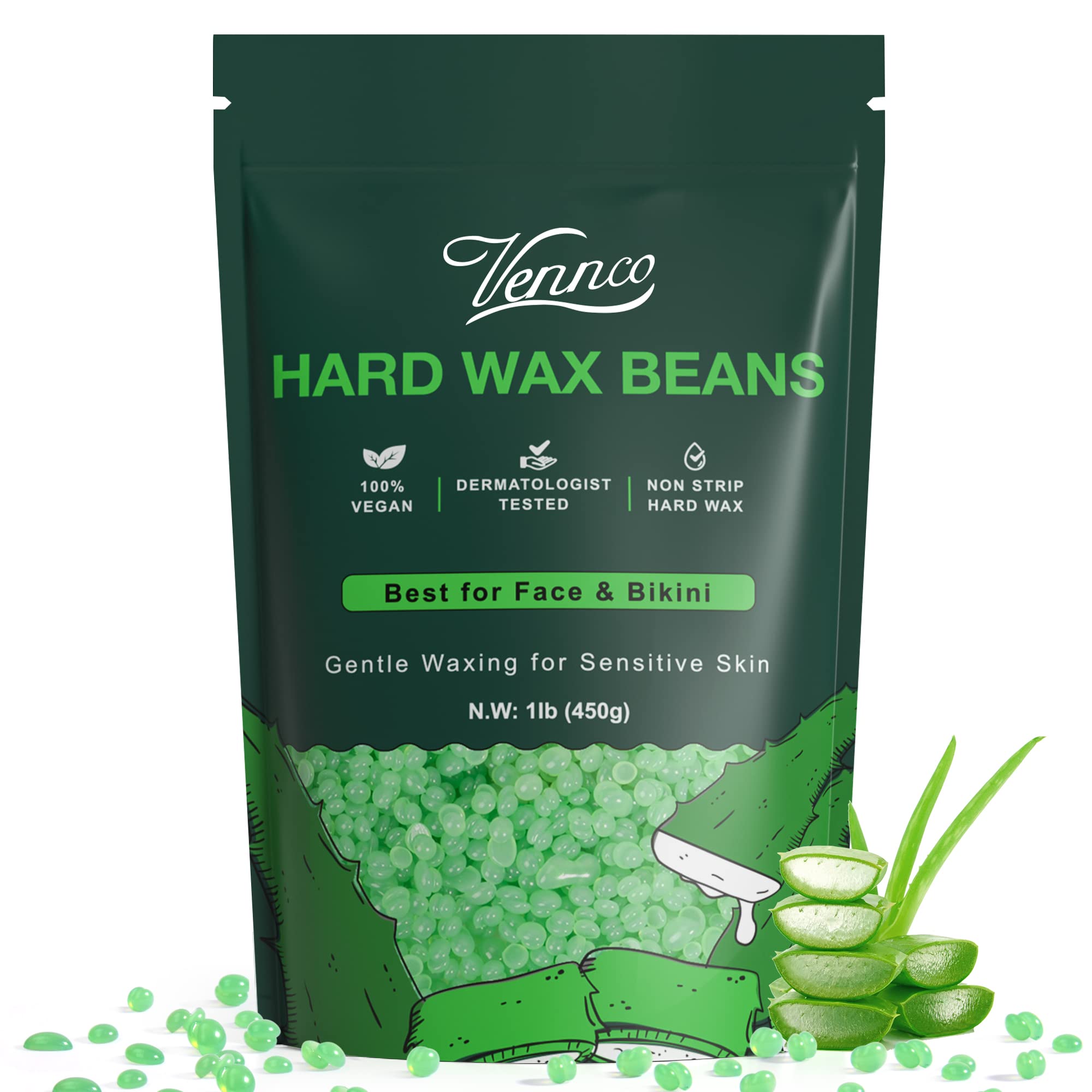 Vennco aloe-infused hard wax beads for the face, gentle on sensitive skin.
