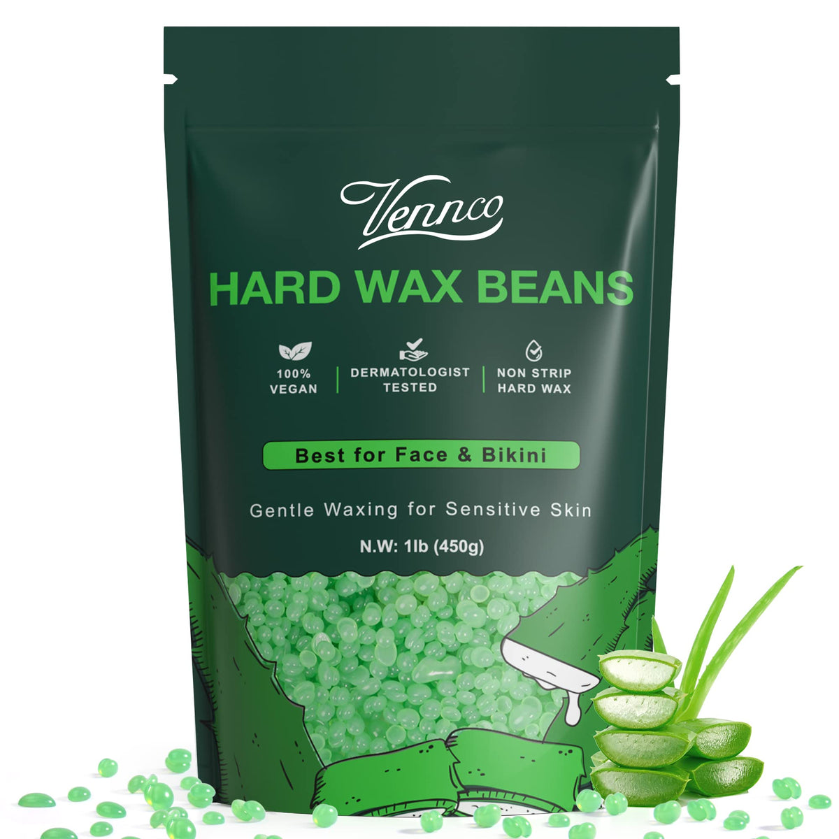 Vennco aloe-infused hard wax beads for the face, gentle on sensitive skin.