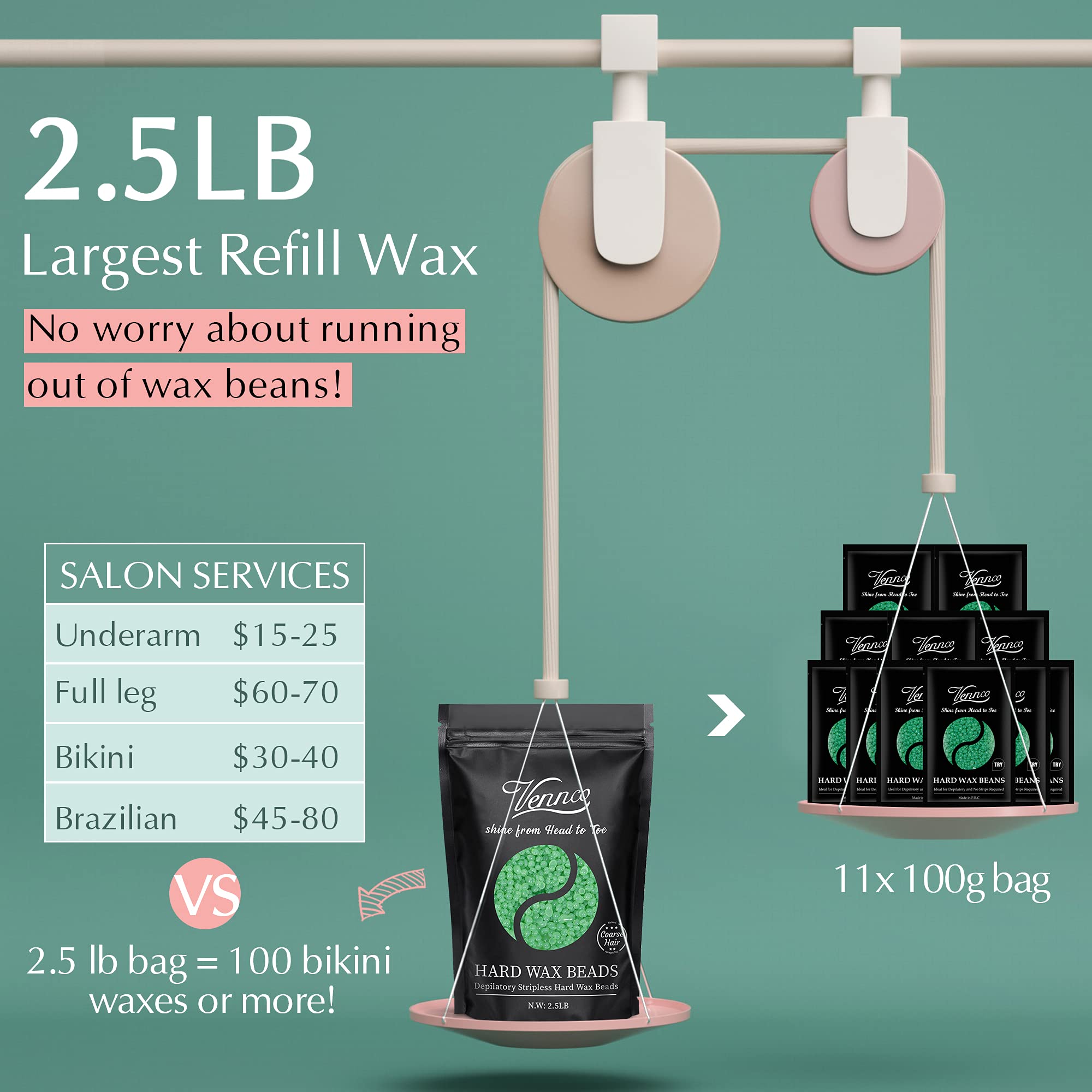 Vennco Aloe Wax Beads bottle pour shows easy handling during waxing sessions.