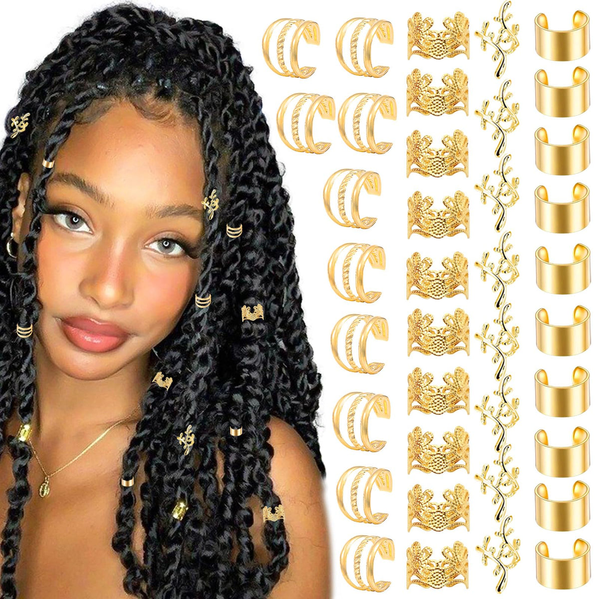 Venofen joyería dorada para trenzas, estilo versátil para diferentes peinados.