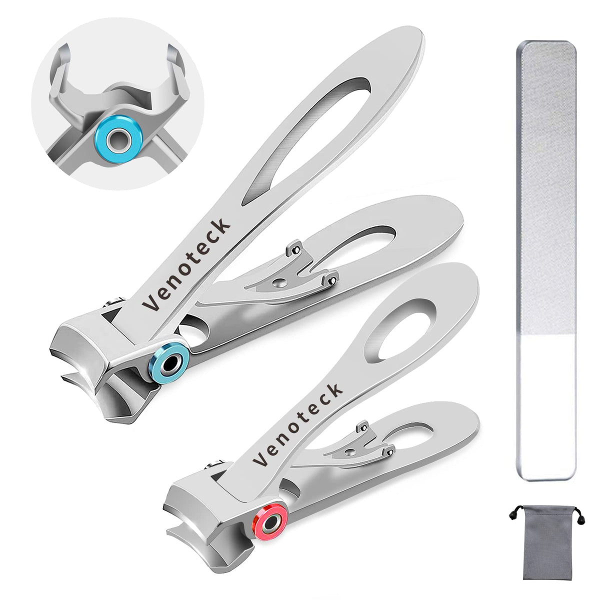 Venoteck nail clipper set with wide opening for thick nails.