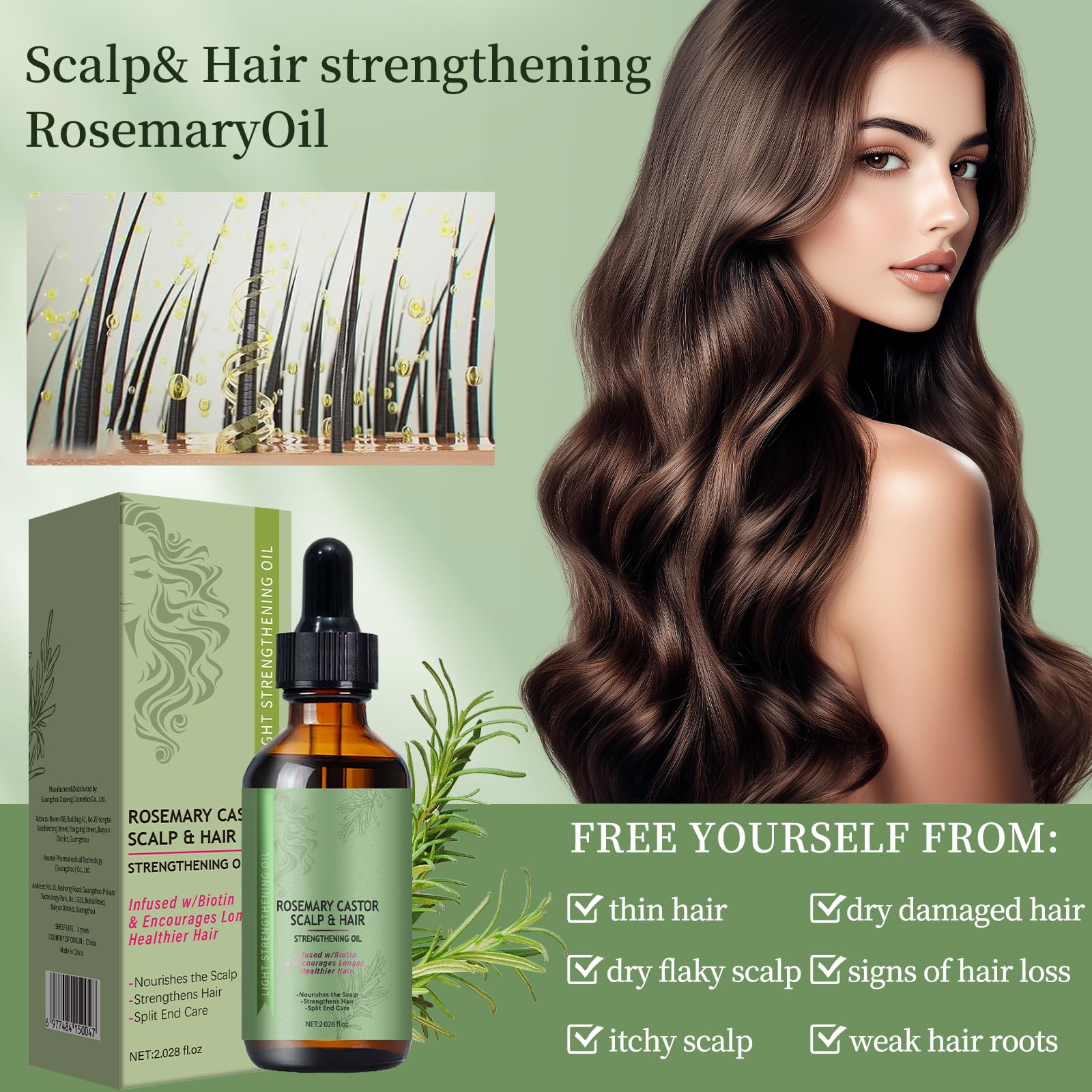 Ingredients highlight rosemary leaf oil, castor seed oil, and biotin