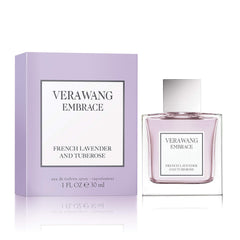 Vera Wang Embrace bottle featuring French lavender and tuberose, romantic daytime scent.