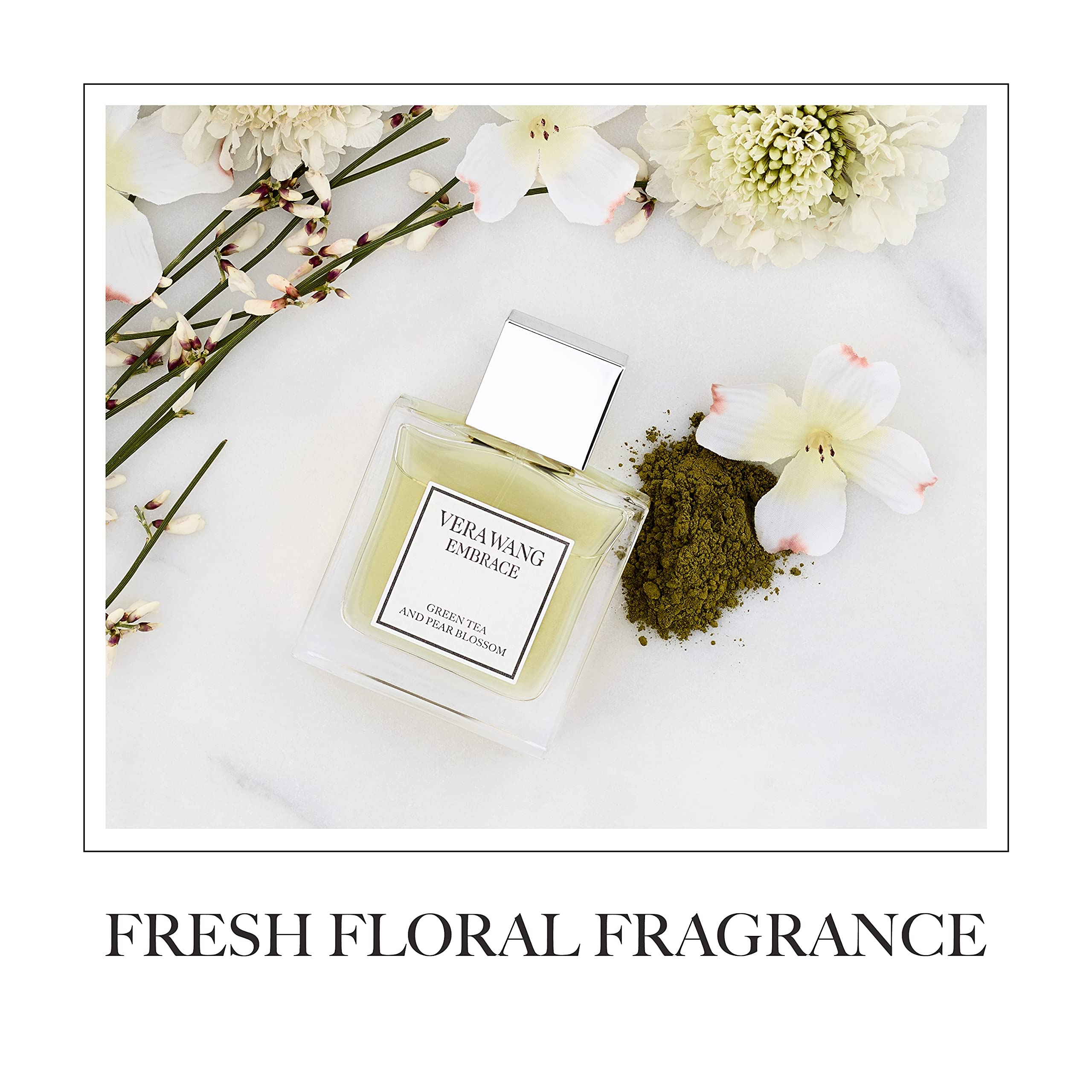 Packaging for Vera Wang Embrace emphasizes a fresh floral-green tea mood.