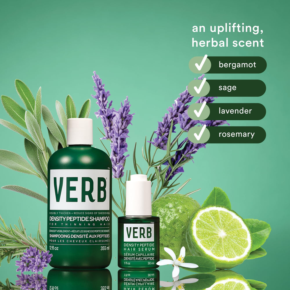 VERB Density Peptide Shampoo, iconos vegan y cruelty-free en el envase.