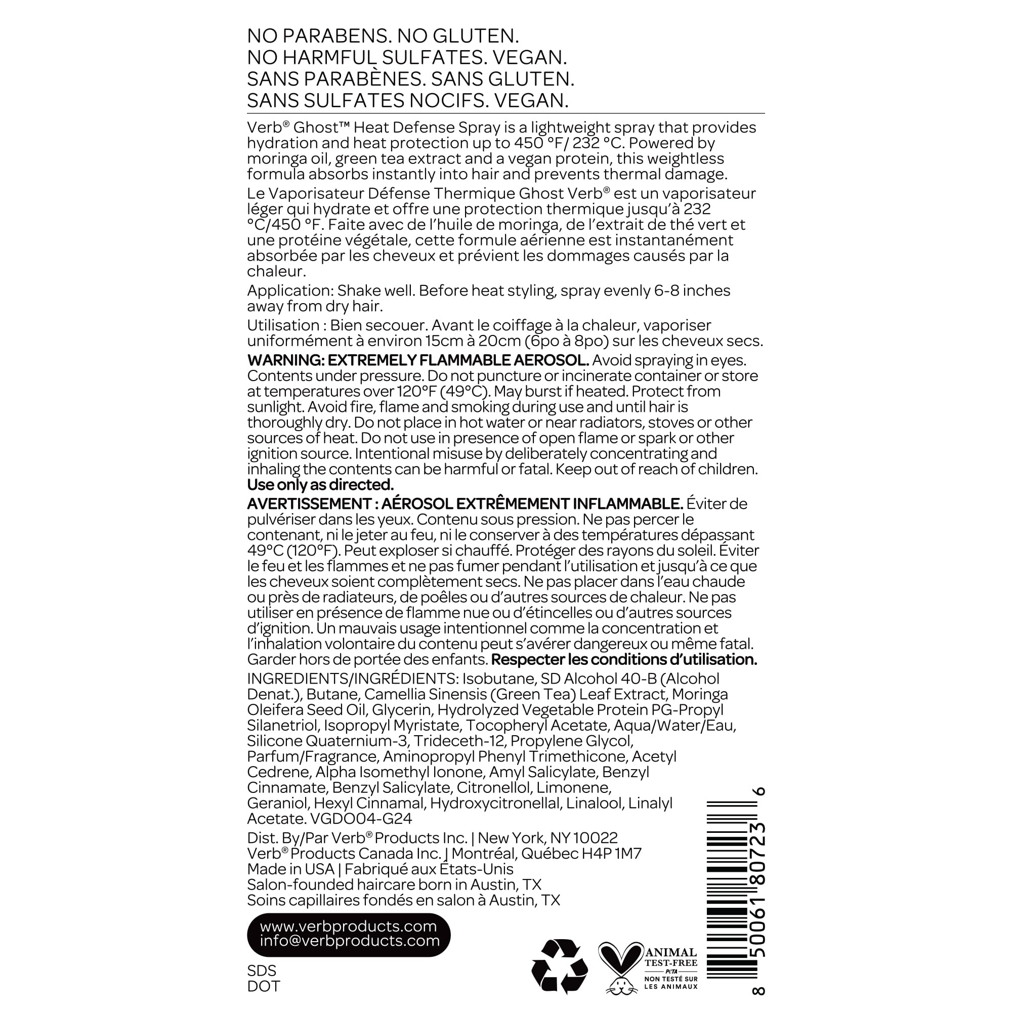 Proteínas veganas en VERB Ghost Heat Defense Spray fortalecen la cutícula