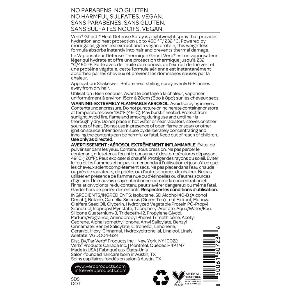 Proteínas veganas en VERB Ghost Heat Defense Spray fortalecen la cutícula