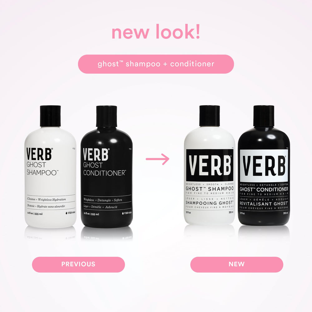 VERB Ghost Shampoo bottle beside hair showing lightweight care.