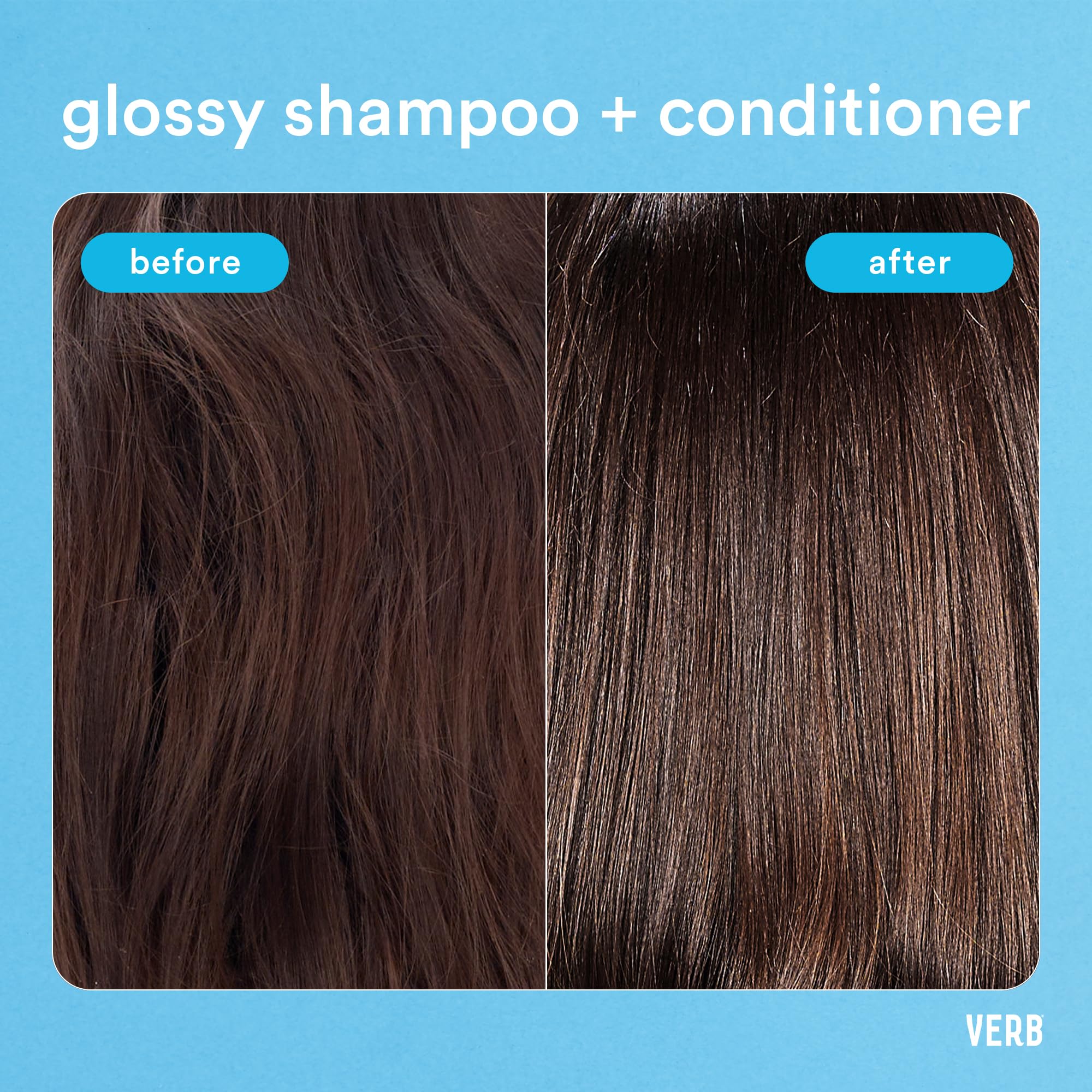 VERB Glossy Shampoo, cabello dañado con resultado de brillo y suavidad.