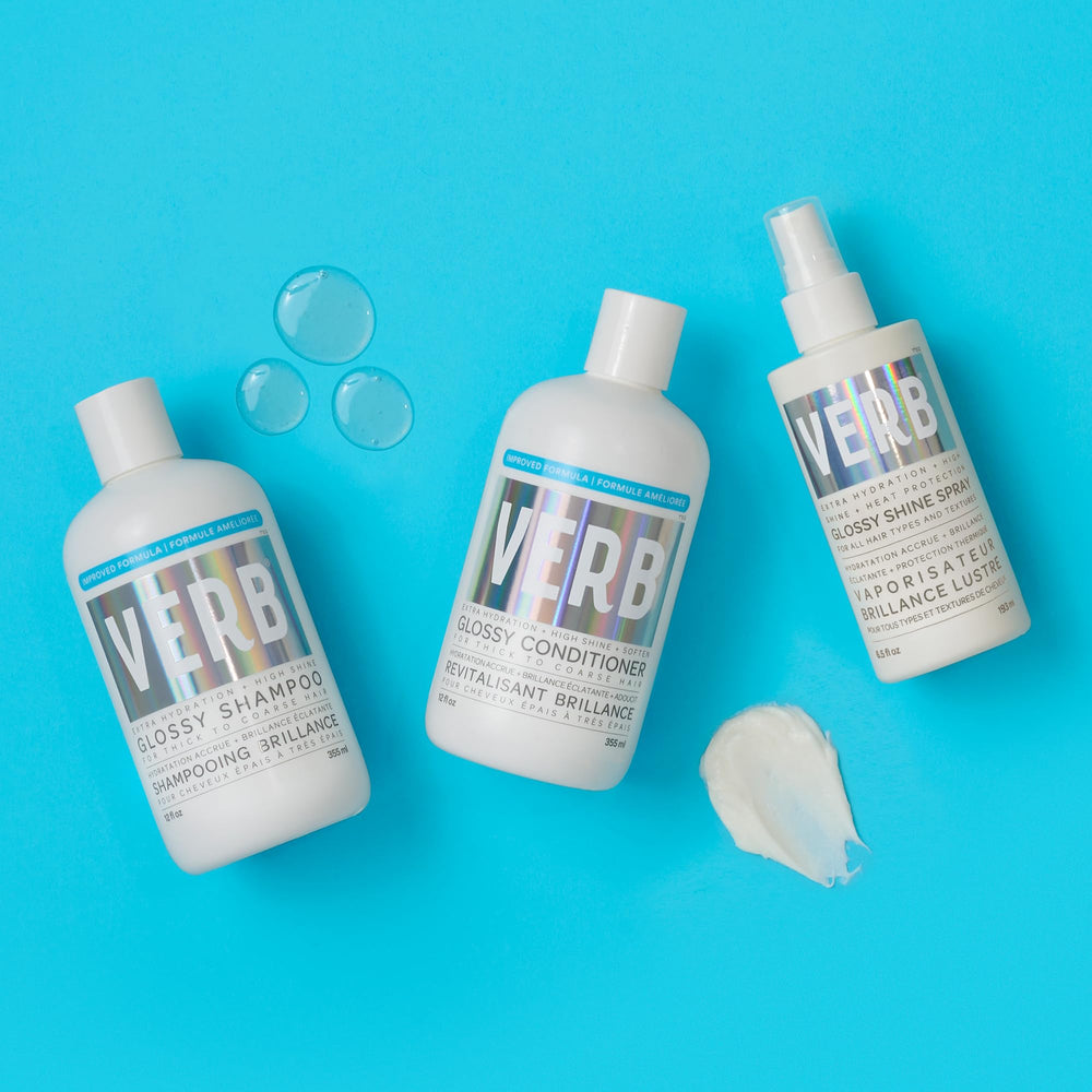 VERB Glossy Shampoo, sin sulfatos, limpieza suave y brillo saludable.