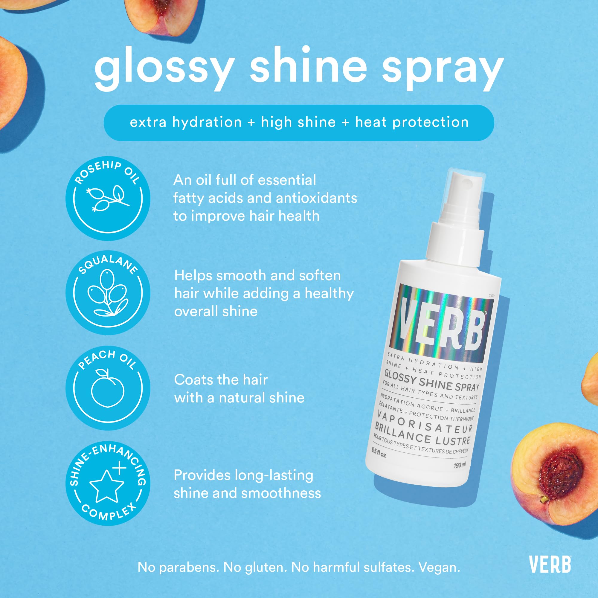 VERB Glossy Shine Spray contiene aceite de rosa mosqueta que nutre y suaviza.