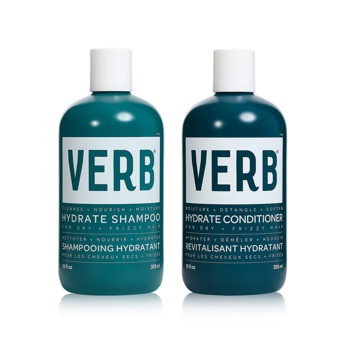 VERB Hydrate Shampoo bottle closeup highlighting deep moisture for soft, manageable hair.