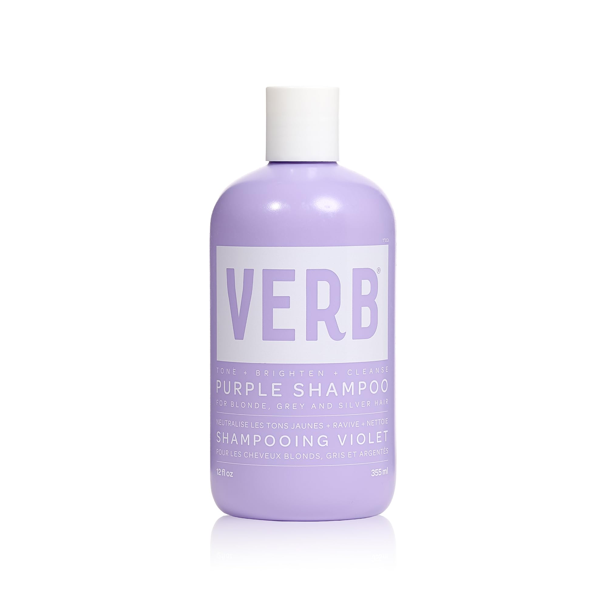 VERB Purple Shampoo bottle pour showing color-neutralizing action for brassiness