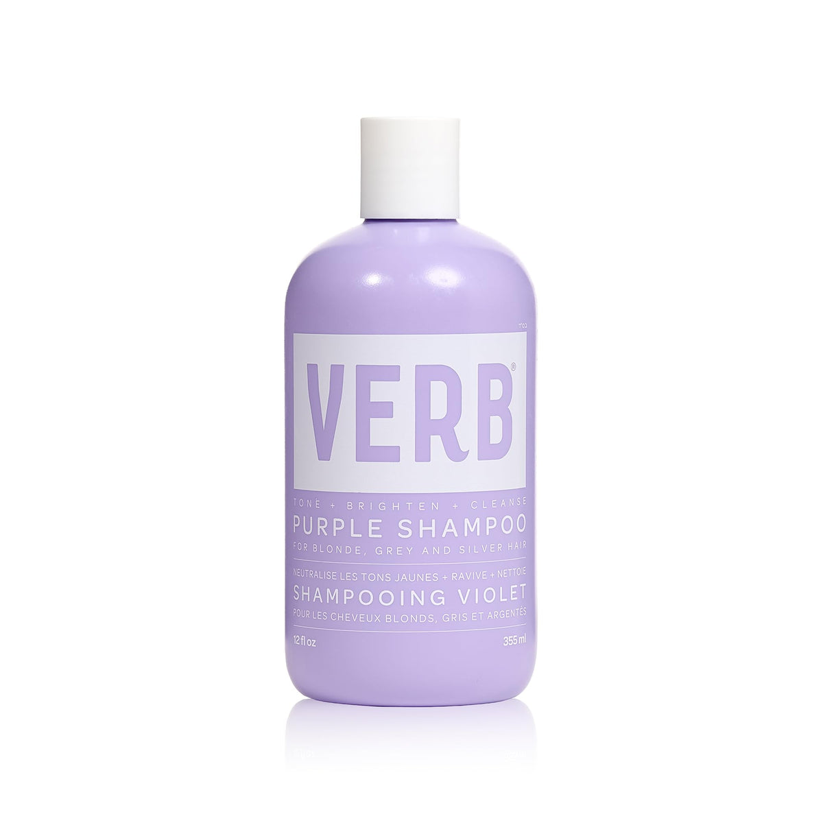 VERB Purple Shampoo bottle pour showing color-neutralizing action for brassiness