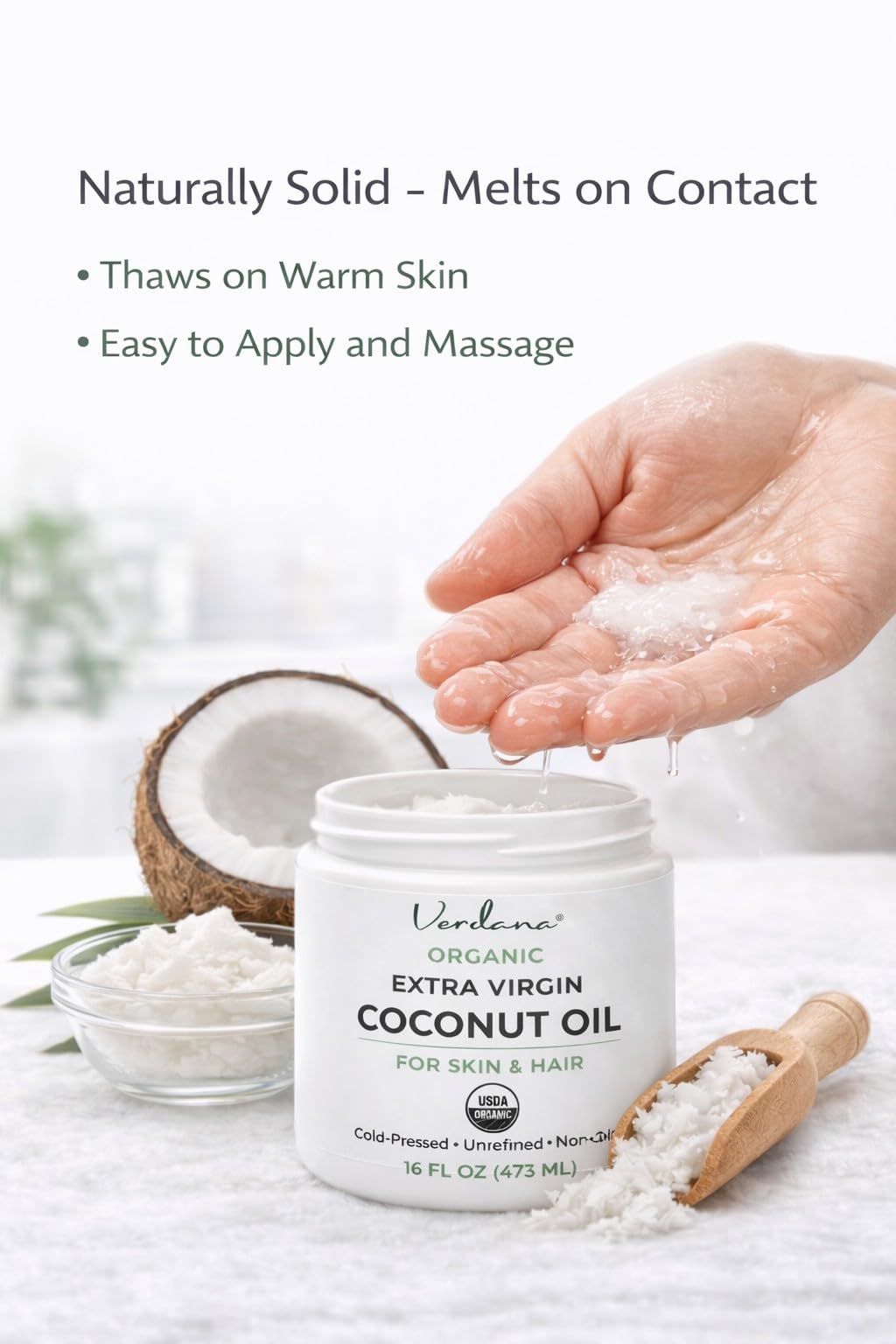 Verdana Aceite de Coco Orgánico Extra Virgen, aplicación en piel para hidratación diaria.