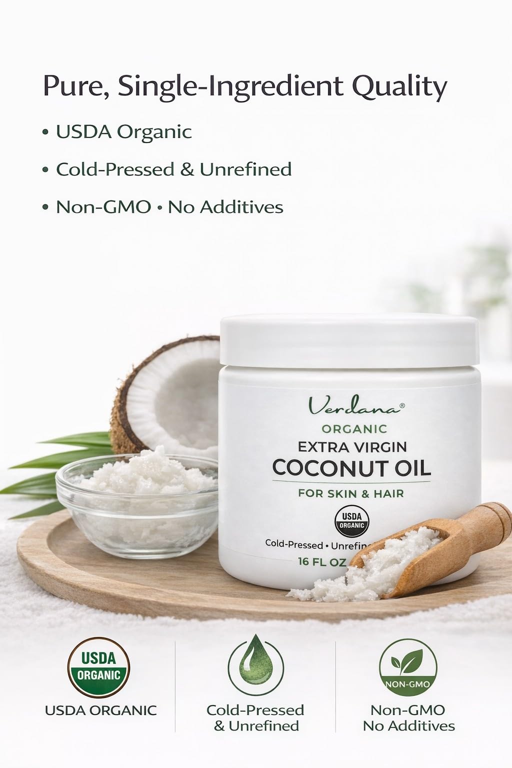 Verdana Aceite de Coco Orgánico Extra Virgen, cierre hermético para conservar la pureza.