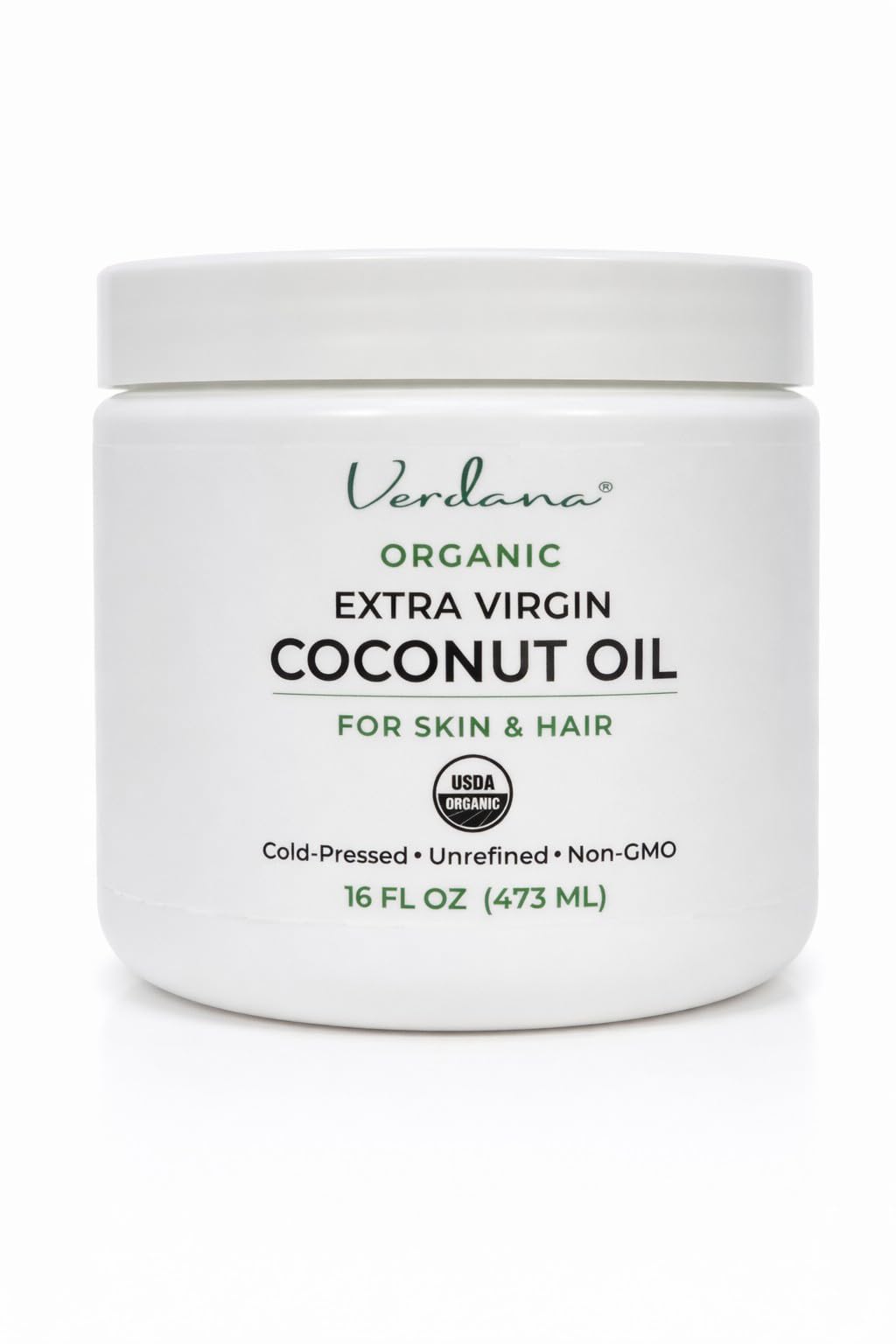 Verdana Aceite de Coco Orgánico Extra Virgen, frasco amplio para uso diario en piel.