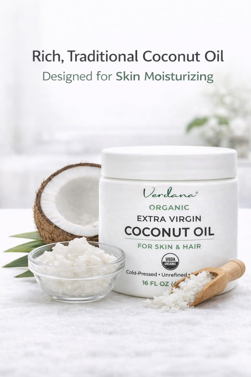 Verdana Aceite de Coco Orgánico Extra Virgen, textura sólida en frío se funde al contacto.