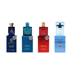 Versace four-piece mini gift set box showcases travel-friendly fragrances for men.