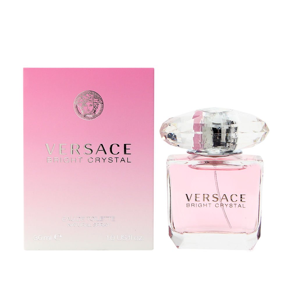 Versace Bright Crystal bottle pour shows the pink feminine design for daily elegance.