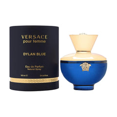 Versace Dylan Blue Pour Femme bottle close-up highlighting elegant design and lasting appeal.