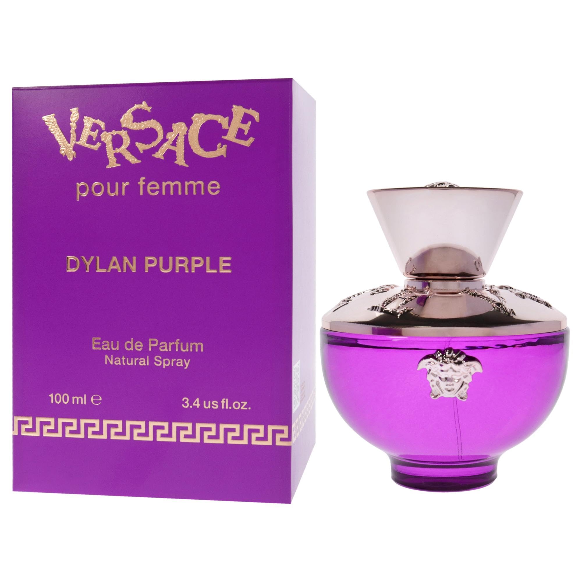 Versace Dylan Purple bottle with sunset reflections evokes evening wear and confidence.