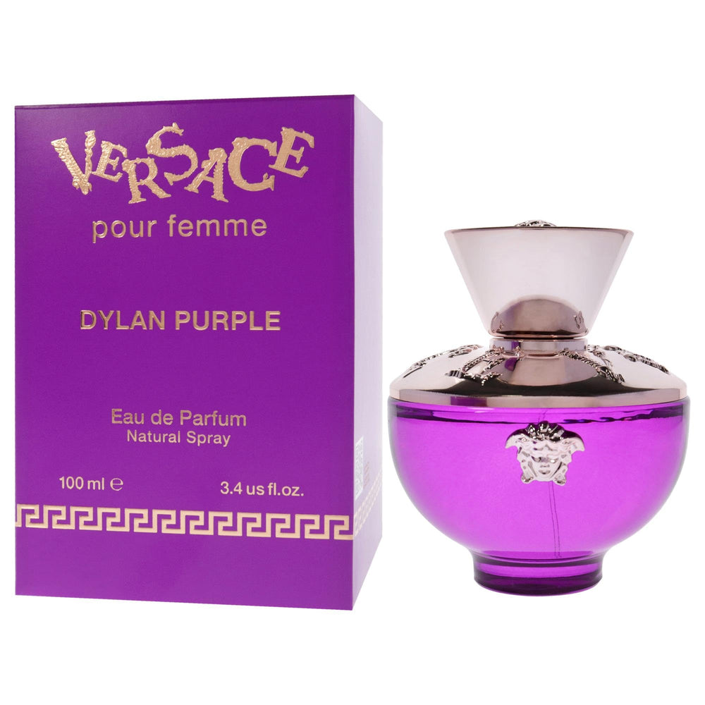 Versace Dylan Purple bottle with sunset reflections evokes evening wear and confidence.