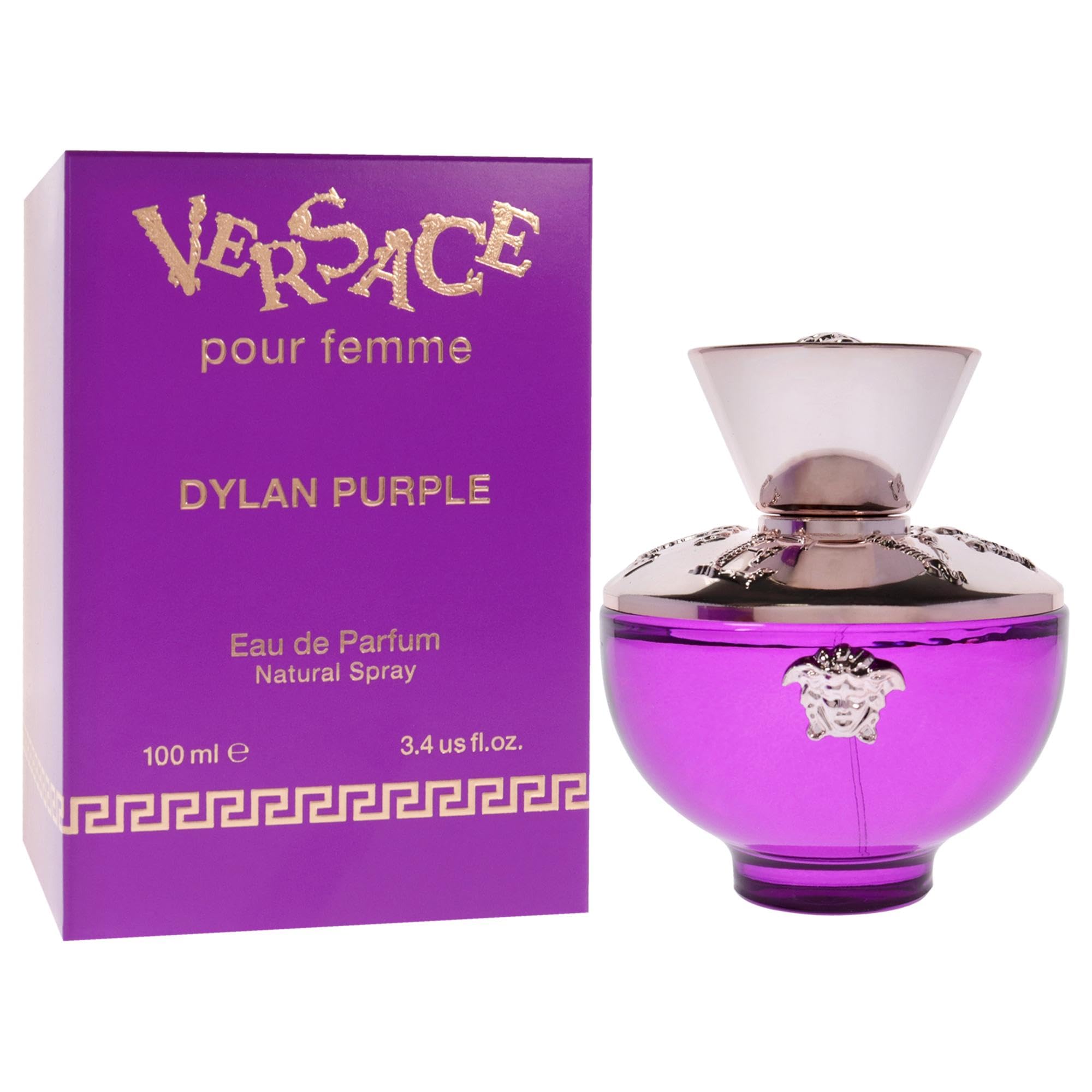 Versace Dylan Purple cap and atomizer close-up, emphasizing smooth spray and luxury finish.