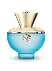 Versace Dylan Turquoise bottle front view, vibrant, daytime-friendly impression