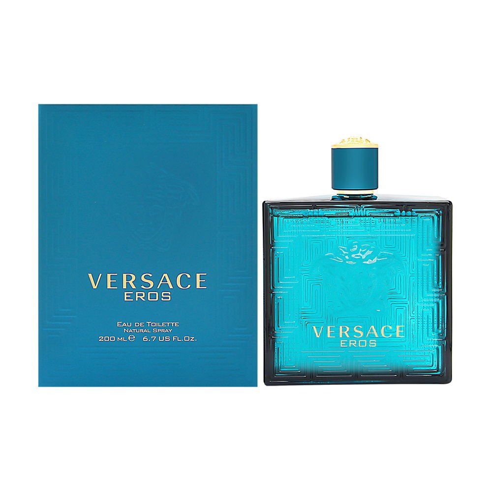 Versace Eros EDT bottle pour; bold, versatile fragrance for daily wear.
