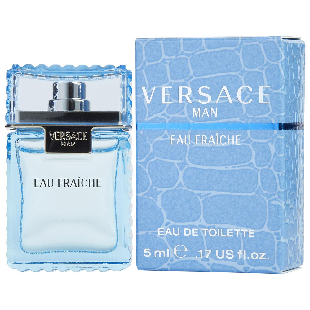 Versace Man Eau Fraiche mini bottle close-up, highlighting a fresh, aquatic scent for daily wear.