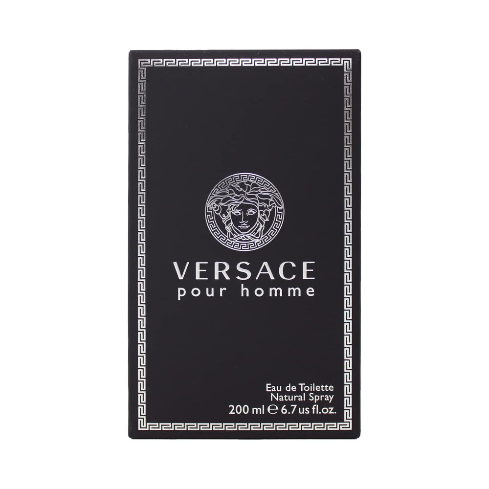 Versace Pour Homme bottle top view showing a fresh citrus opening for daily wear.