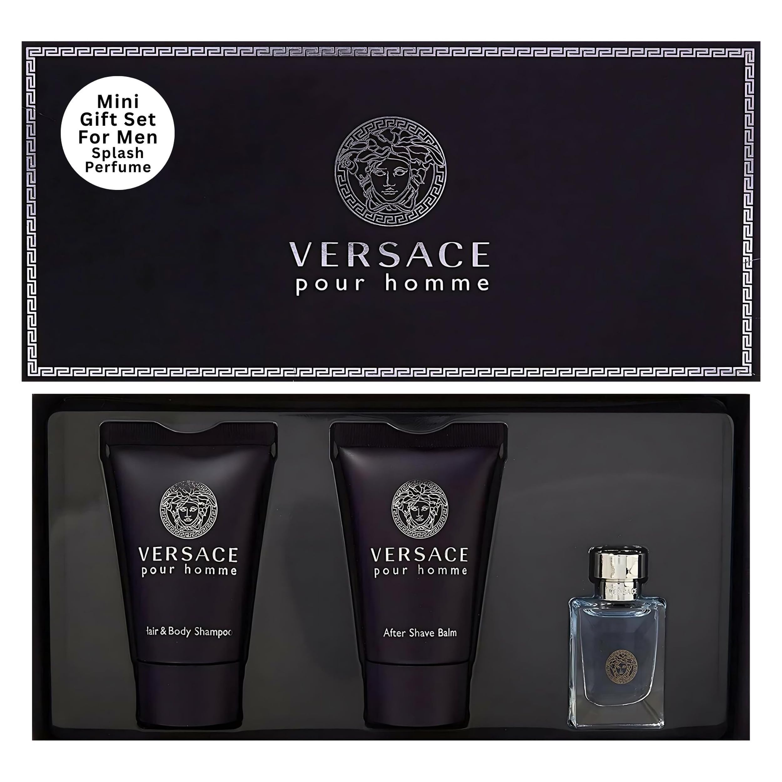 Versace Pour Homme gift set front view, travel-friendly fragrance bundle.