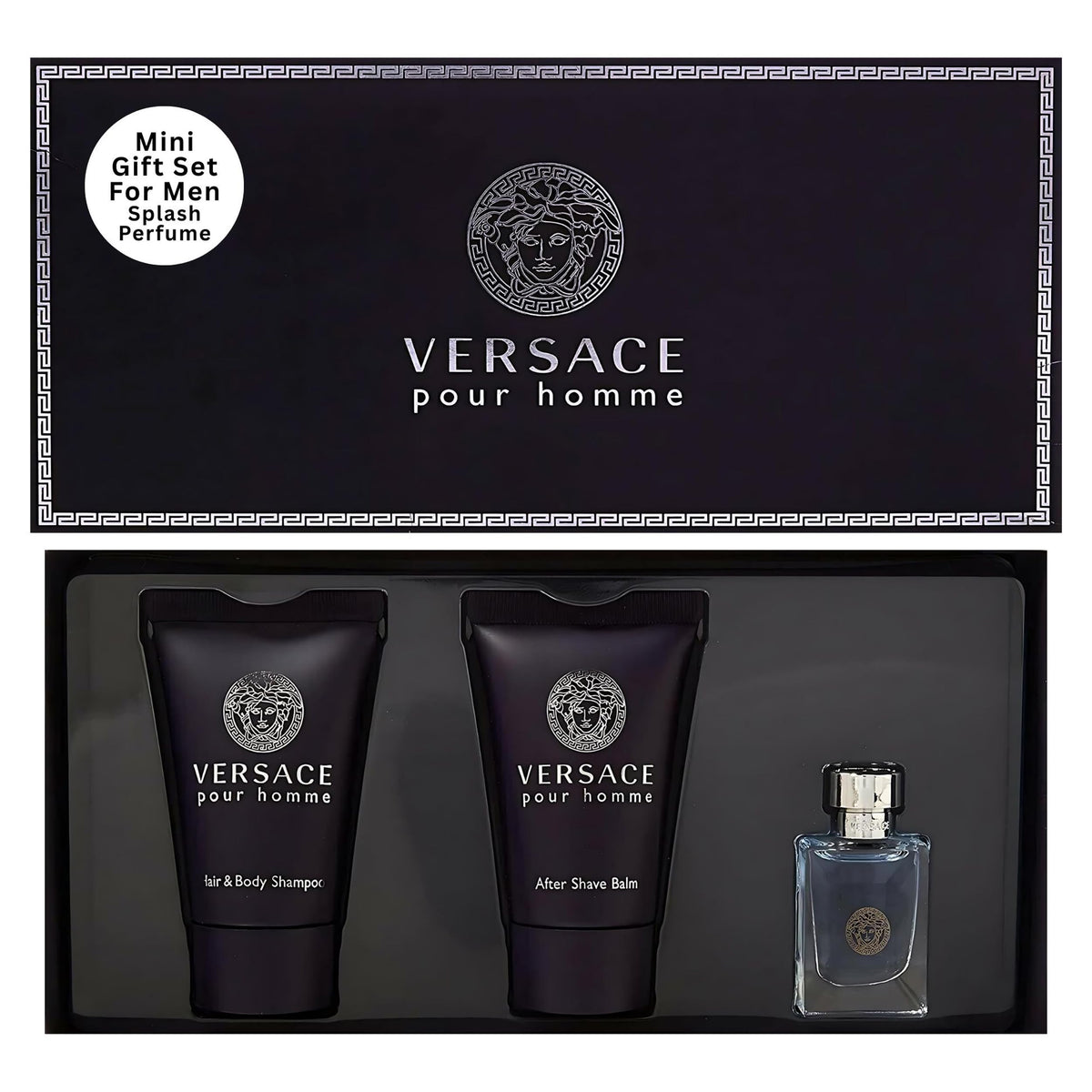 Versace Pour Homme gift set front view, travel-friendly fragrance bundle.