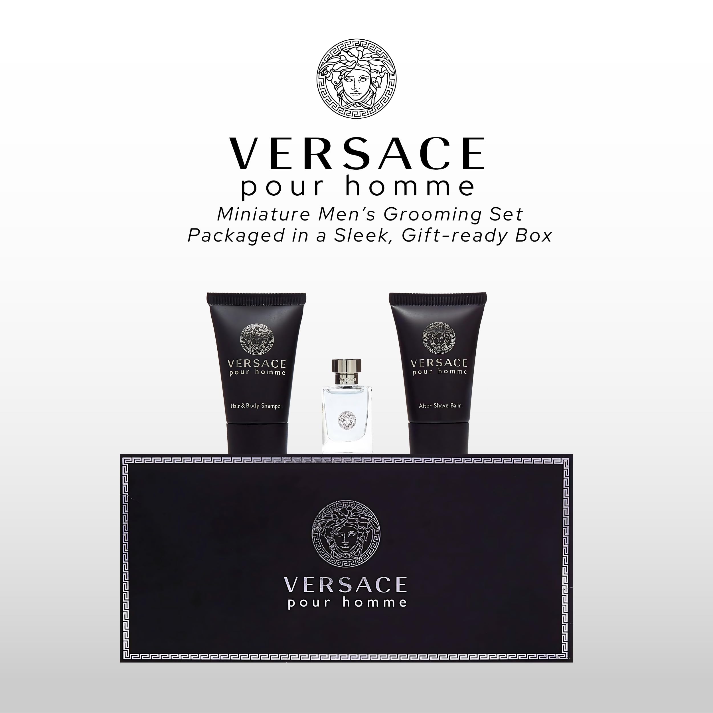 Versace Pour Homme hair and body shampoo bottle, convenient daily grooming.