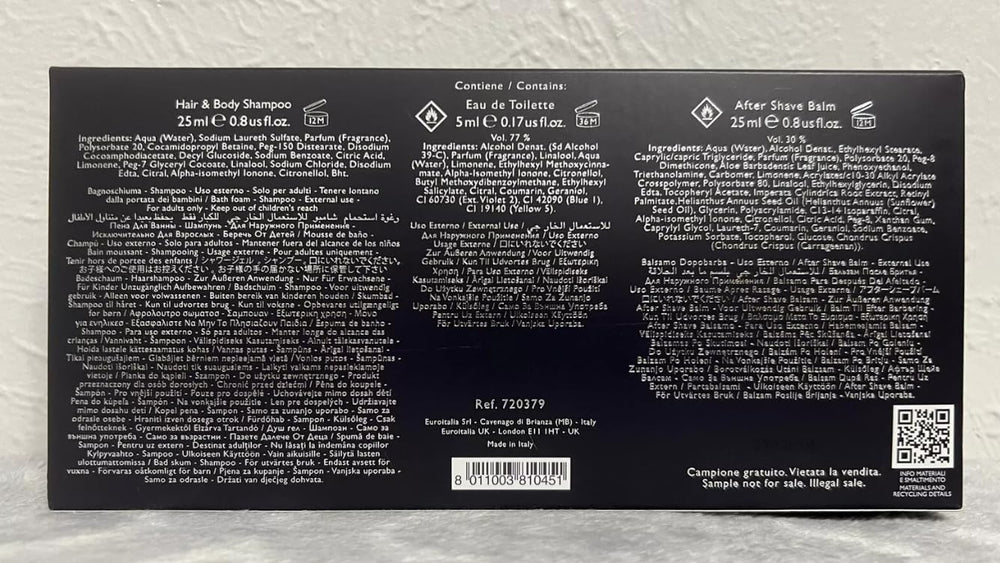 Versace Pour Homme packaging label highlighting Italy origin.