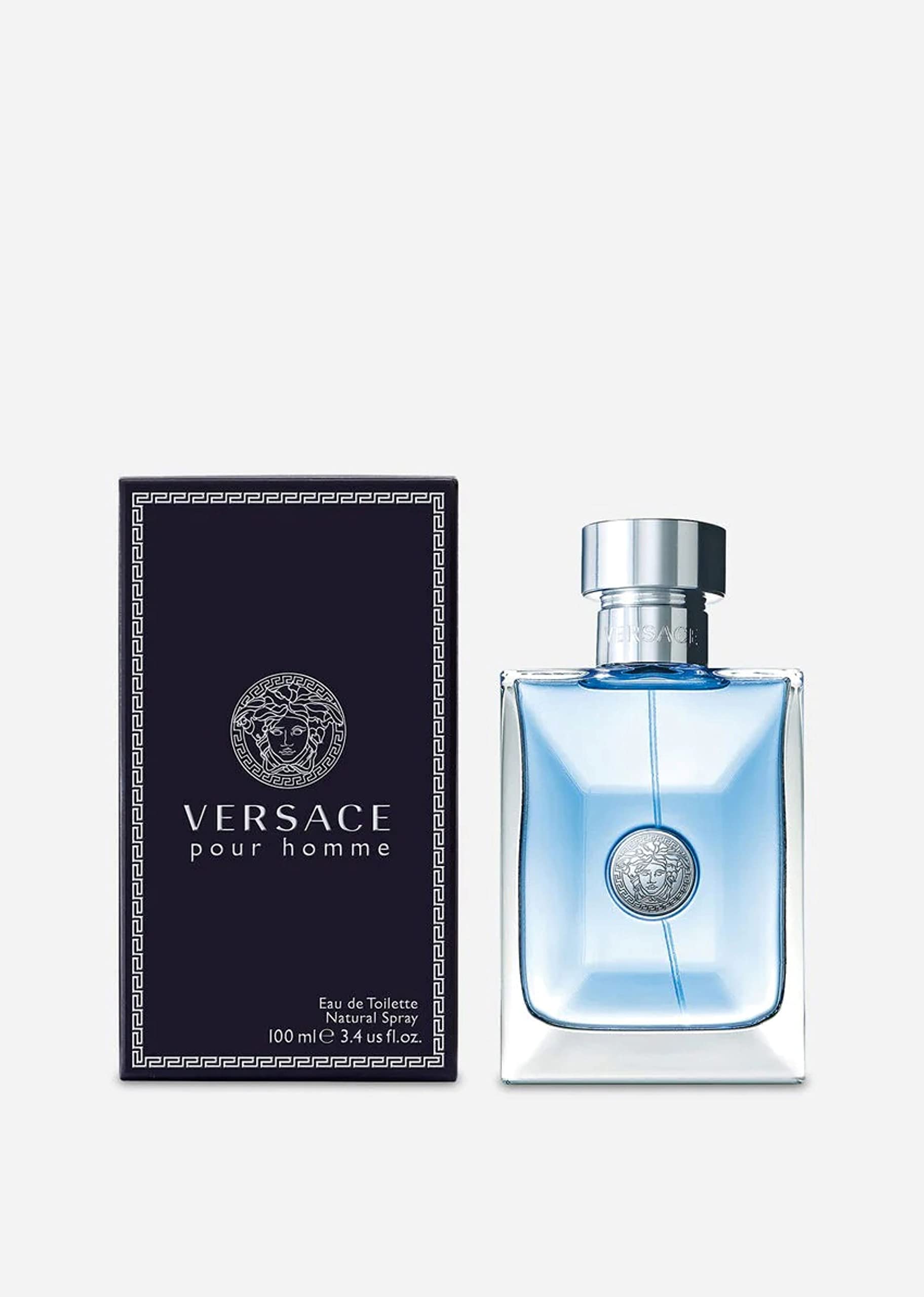 Versace Pour Homme label detail, signals classic Mediterranean-inspired fragrance.