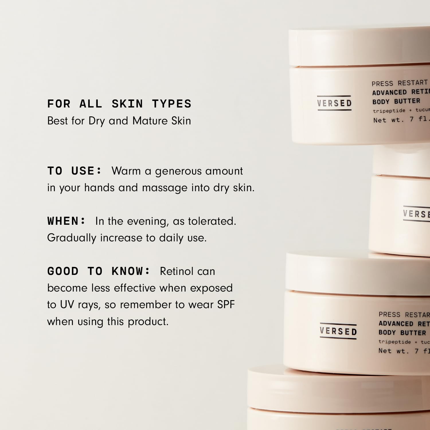 Versed crema retinol avanzado, textura esponjosa, distribución uniforme para piel más suave.