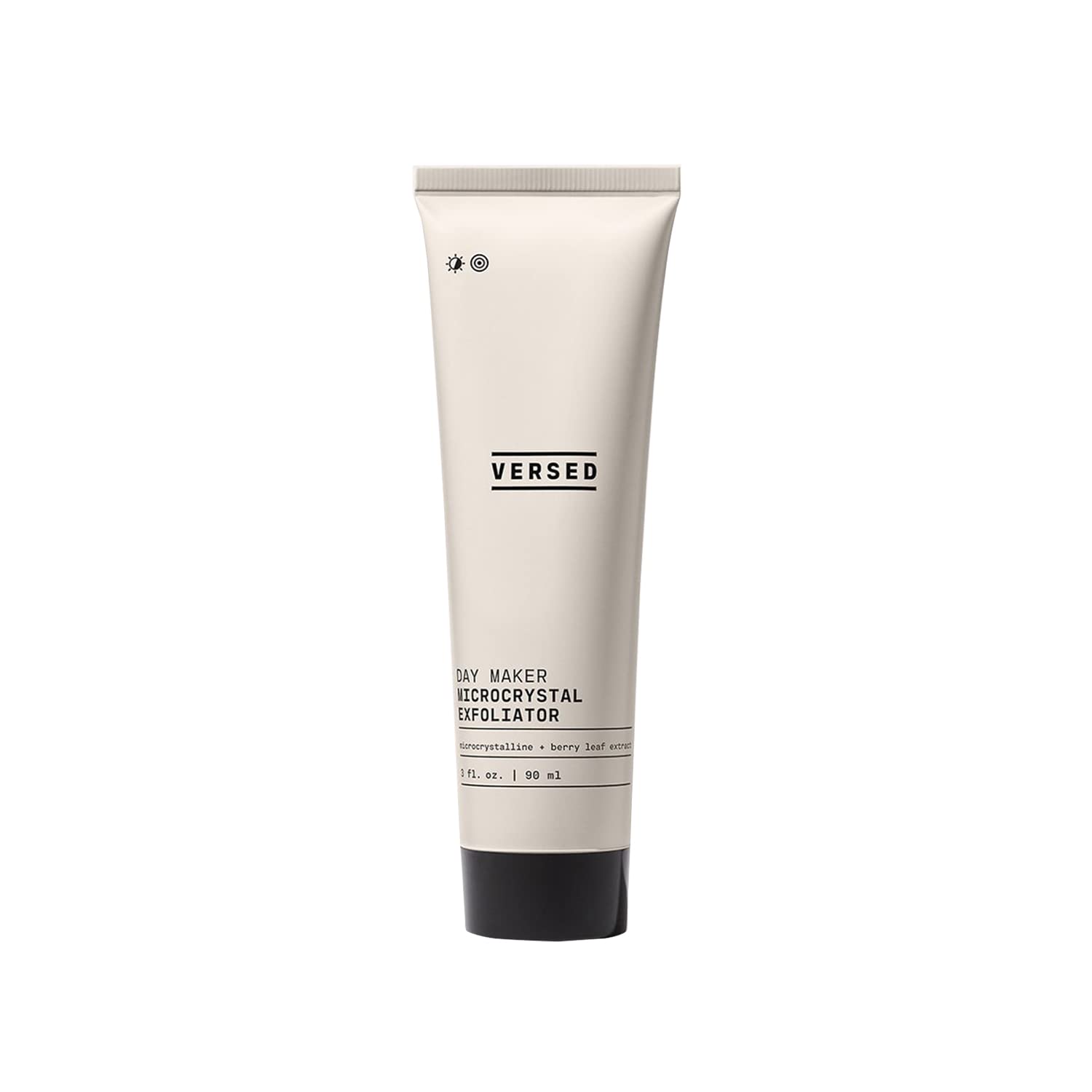 Versed Day Maker exfoliante cremoso frente de la botella; piel suave lista para el día.