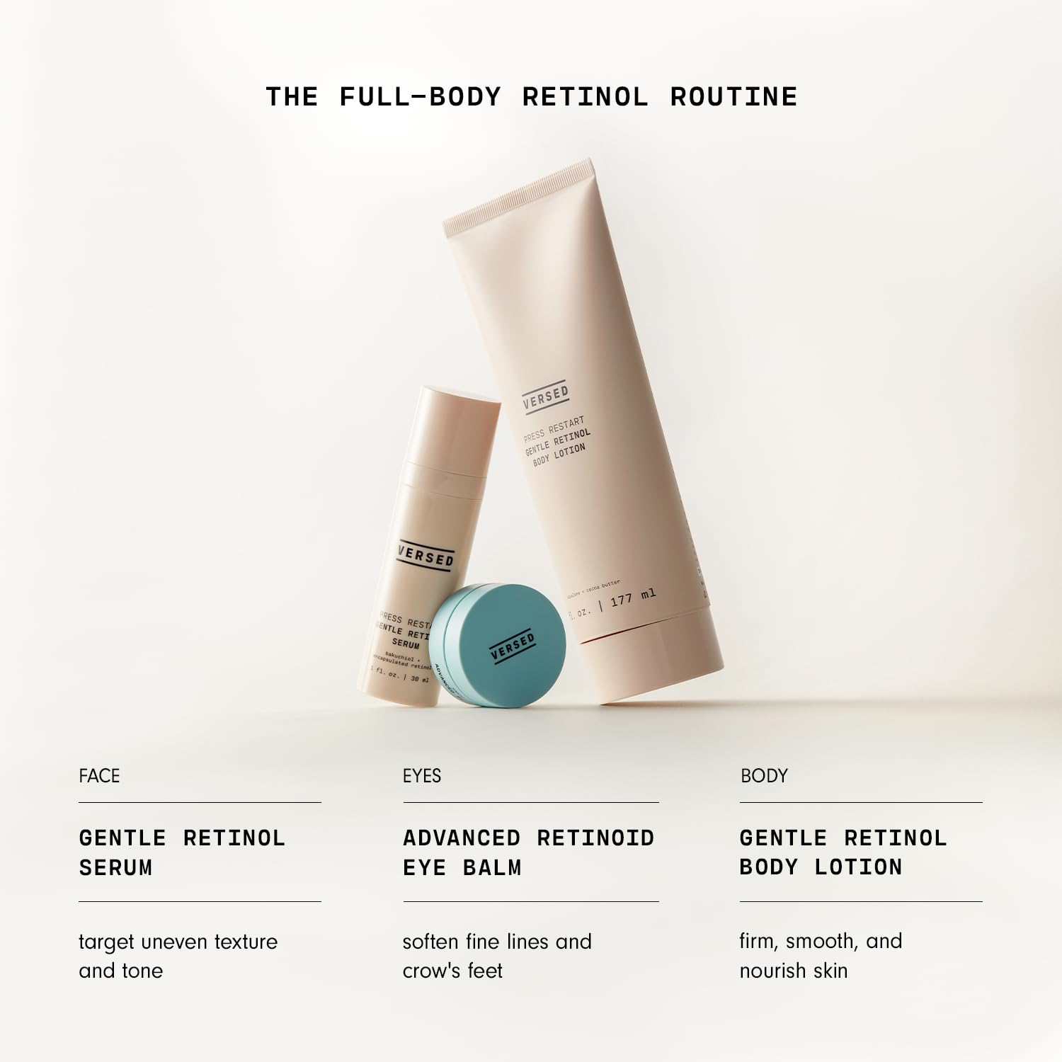Squalane droplets illustrate hydration in Versed retinol body lotion