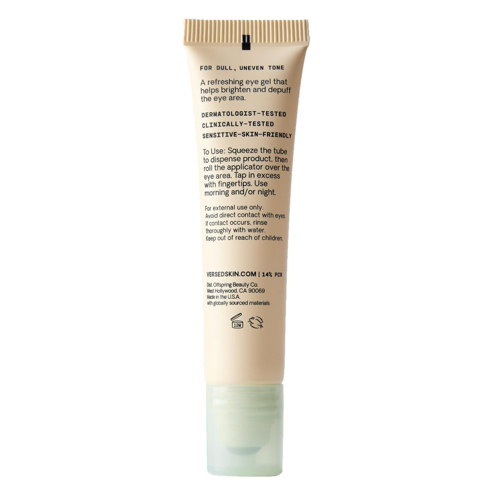 Versed Weekend Glow Eye Gel: envase sostenible con plástico reciclado para consumo responsable.
