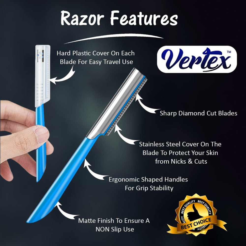 Vertex stainless steel blades emphasize durability and gentle shaving on sensitive skin.
