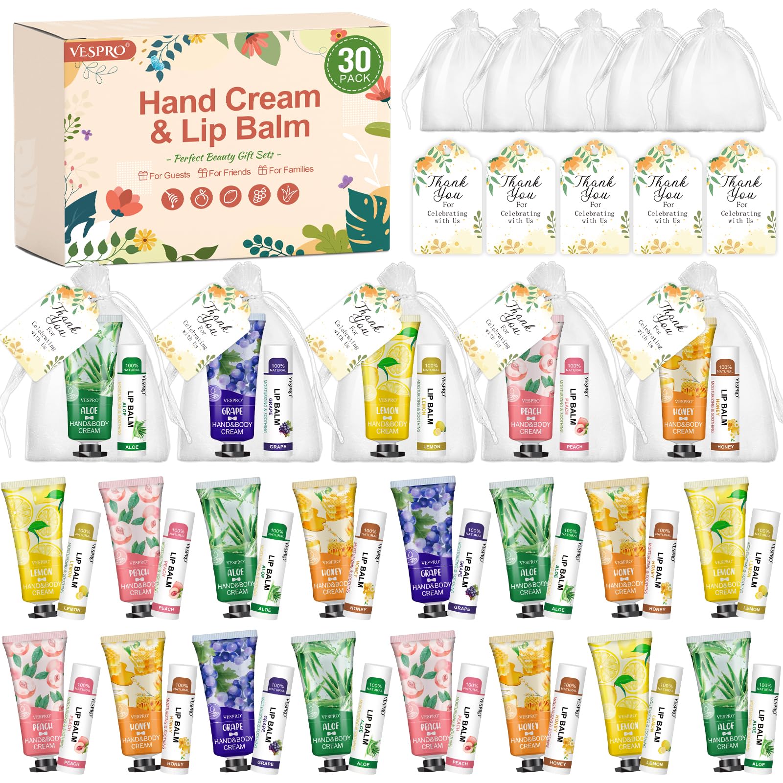 VESPRO 30-pack hand cream and lip balm set, ideal for guest gifts.