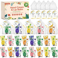VESPRO 30-pack hand cream and lip balm set, ideal for guest gifts.