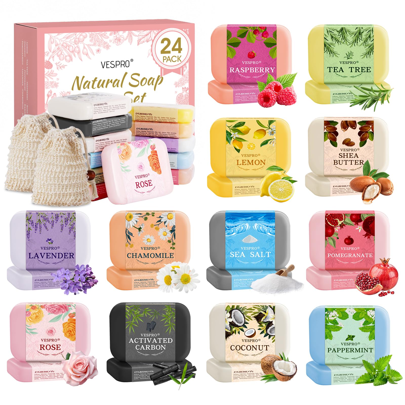 VESPRO conjunto de 24 jabones naturales para regalo, ideal para cuidar la piel.