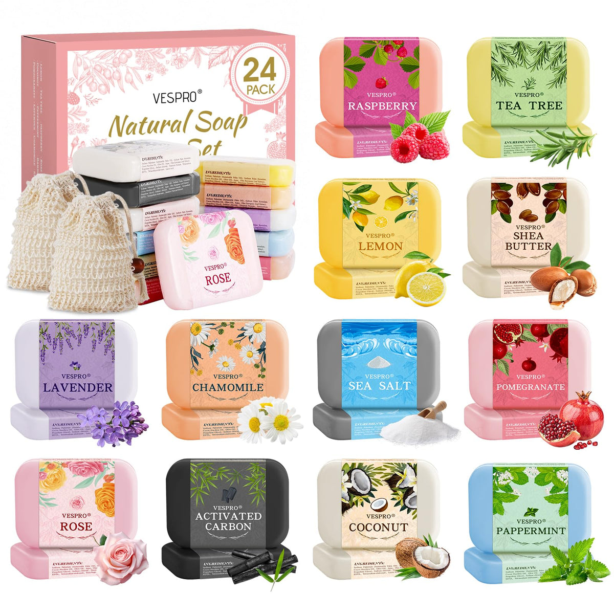 VESPRO conjunto de 24 jabones naturales para regalo, ideal para cuidar la piel.
