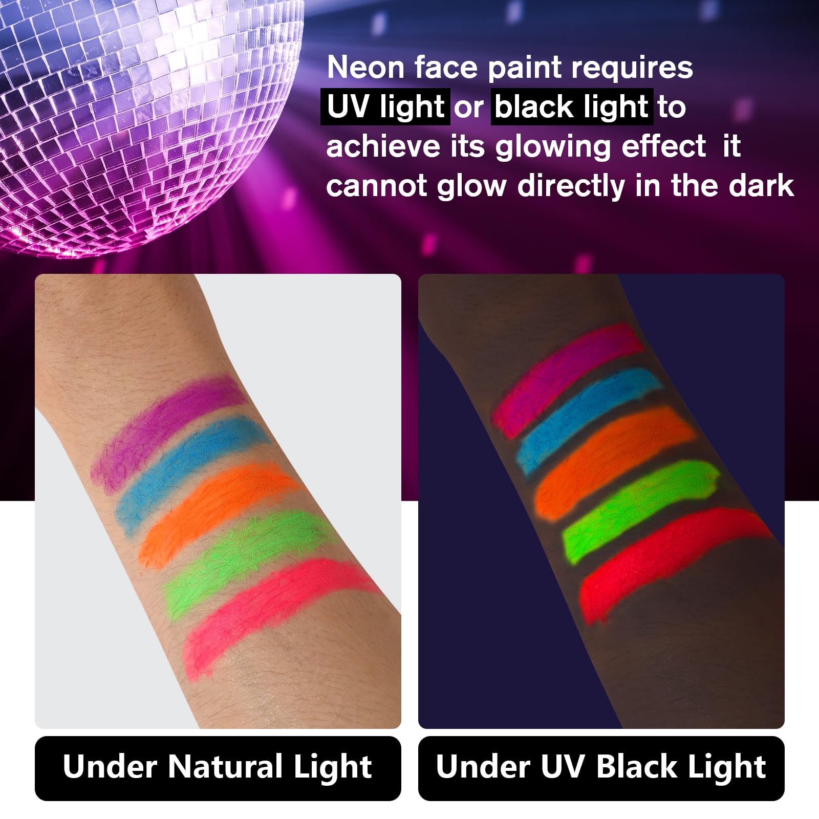 Conjunto rostro y cuerpo brillo neón Vespro para eventos con UV.